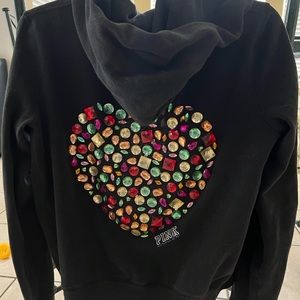 PINK Victorias Secret zip up hoodie jacket with jeweled heart on back.